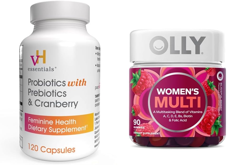 vH olulised probiootikumid prebiootikumidega ja Cranberry Feminine Health Supplement - 120 kapslit ja OLLY naiste multivitamiini kummi, Berry, 90 Count Bundle