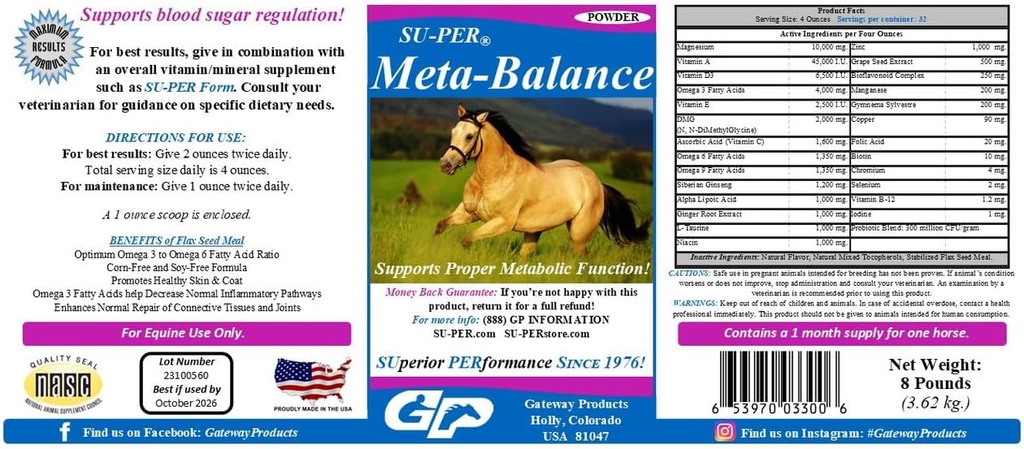 SU-PER Meta-Balance Horse Metaboolne toetus - Veresuhkru määrus ja seedetrakti tervise täiendus - Hobuste vitamiinid ja mineraalid, taimsed ekstraktid, probiootikumid - 8 naela, 1 kuu pakkumine
