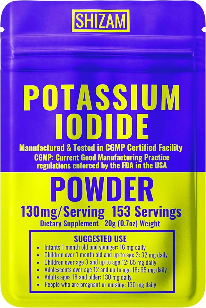 SHIZAM Kaaliumjodiid 130 mg 65 mg Pulber Ellujäämiskomplektid , KI Joodikapslid Kapslid Vedel tinktuur Pillid Tabletid Tabid Alt Supplements , Prepping Tarned 130mg 65mg
