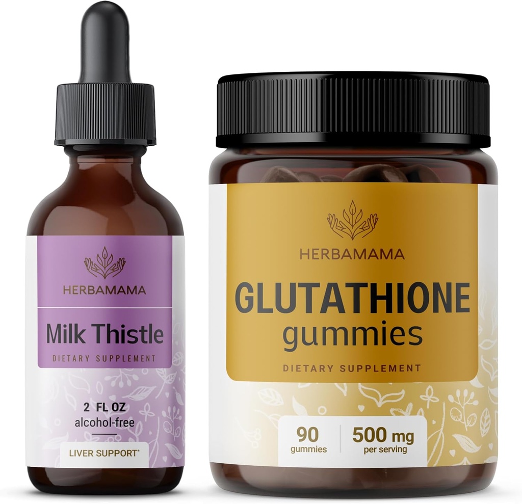 HERBAMA piimaohakas ja glutatioonikomplekt - piimaohaka komplekt Ekstrakt 2 fl oz & 500 mg vähendatud L-glutamiini kummid - vegan, GMO-vaba, alkoholivaba - 2 pakendit