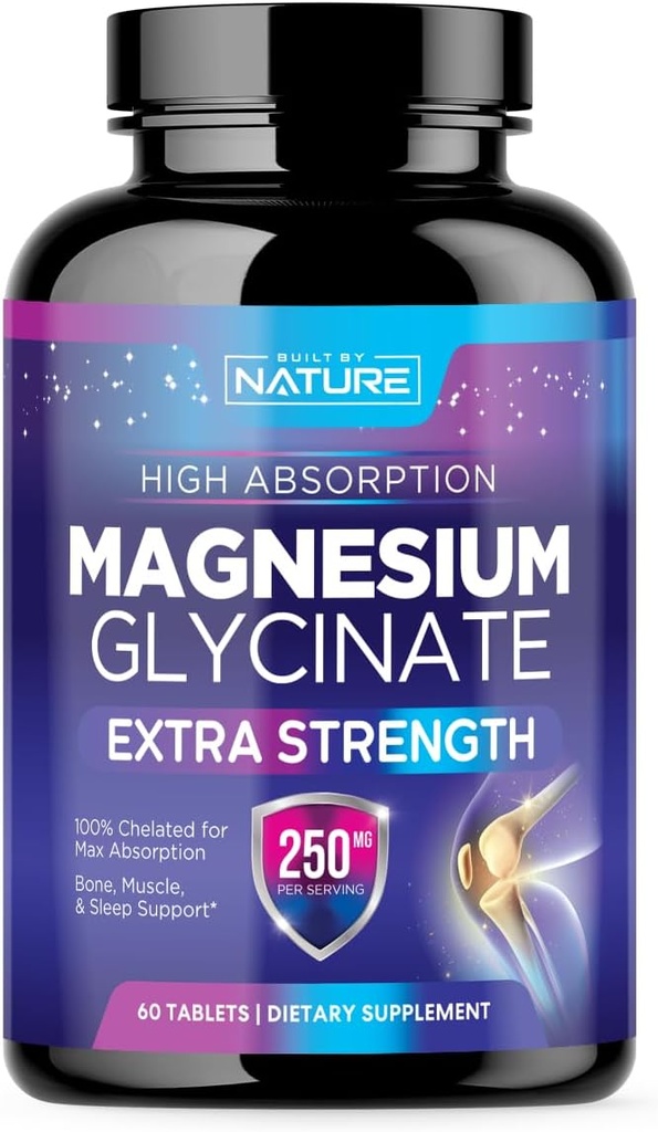 Magnesium Glycinate 250mg - High Absorption Chelated Magnesium Supplement - 100% Pure Magnesium Glycinate - Stress, Sleep, Heart, and Muscle Health Support - Non-GMO, Vegan, Gluten-Free (60 Tablets)