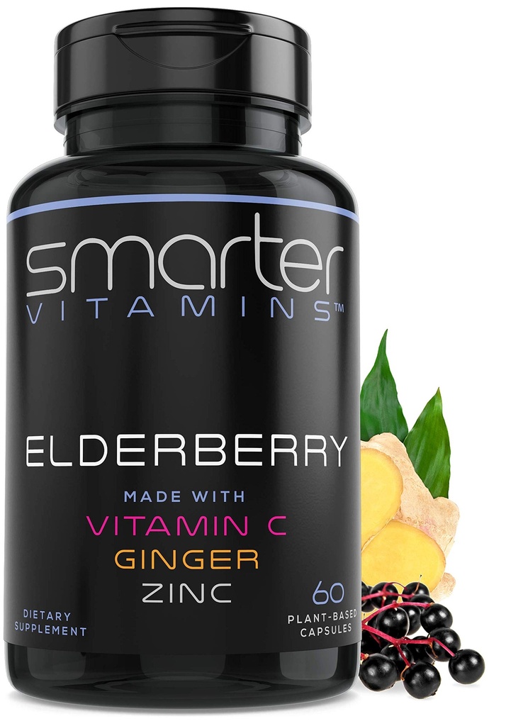 Nutikamad Elderberry kapslid + C-vitamiin + ingver & tsink, taimsed toidulisandid, võimas must Elder Berry ekstrakt antioksüdant vitamiin, 60 vegan pillid
