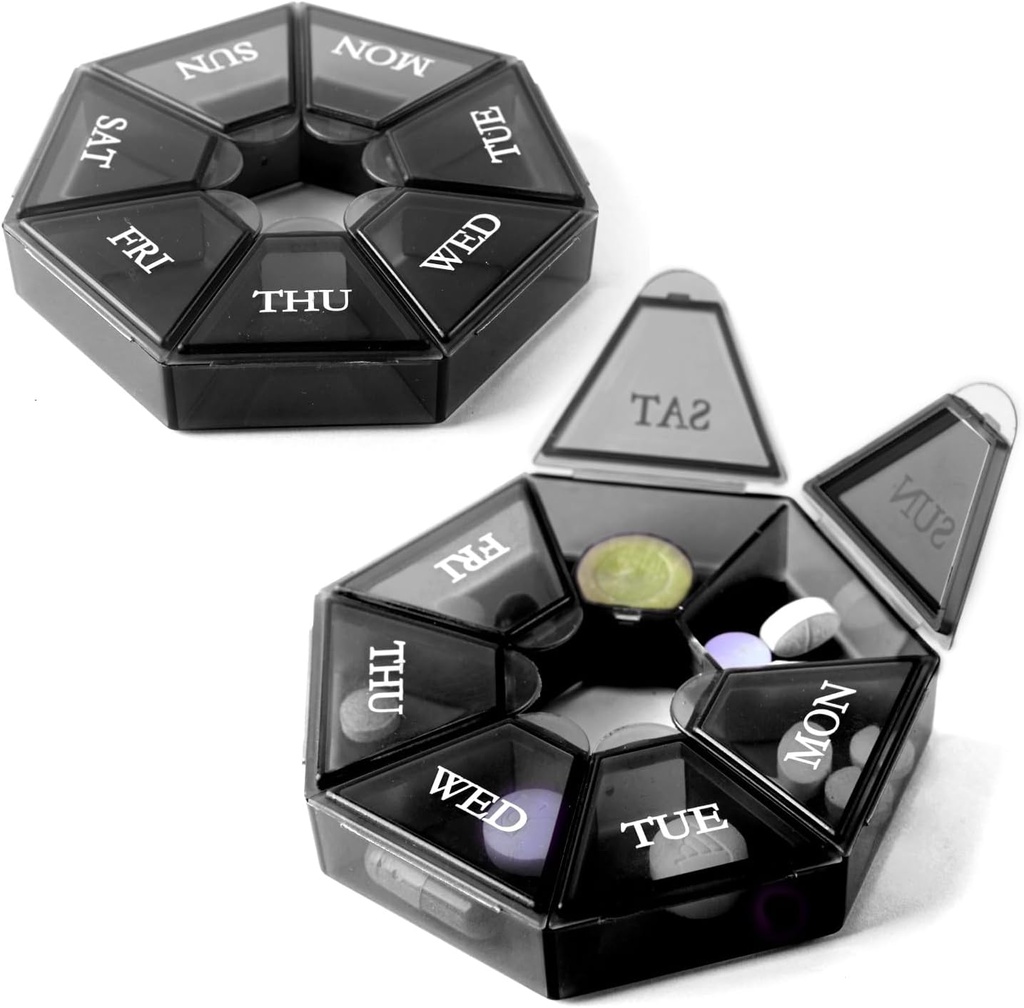 Deke Home - väike iganädalane pillide korraldaja (2 Pack), ümmargune pillide dispenser reisimiseks, Mini pillide korraldaja, kompaktse meditsiini hoidja, pillide Sorters 7 päeva, kaasaskantav vitamiinikonteiner, BPA vaba (toidu klass)