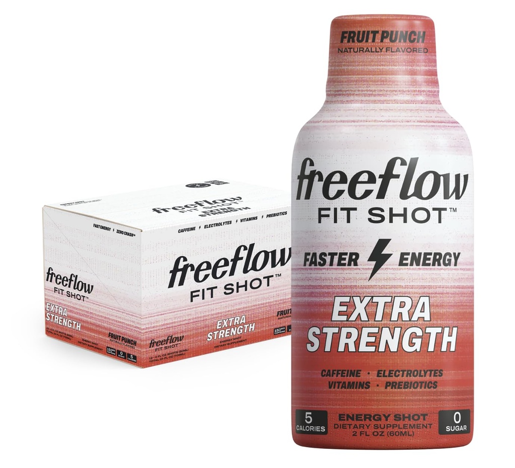 Freeflow Fit, Extra Strength Energy Shot, Fruit Punch (2 Ounce Shot, Pack of 12) - 150mg of Caffeine Per Shot, Zero Calorie, Zero Sugar Energy Shot…