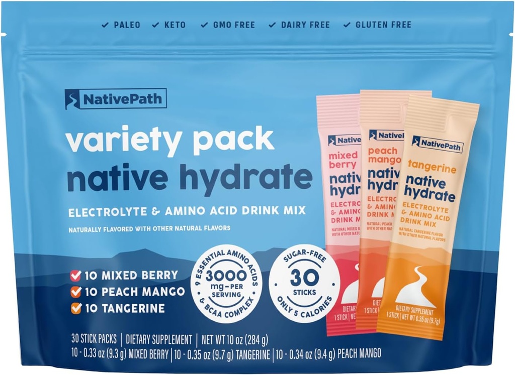 NativePath Native Hydrate Stick Packs with Electrolytes and Amino Acids, Variety Pack, Mixed Berry, Peach Mango, Tangerine, 30 Servings
