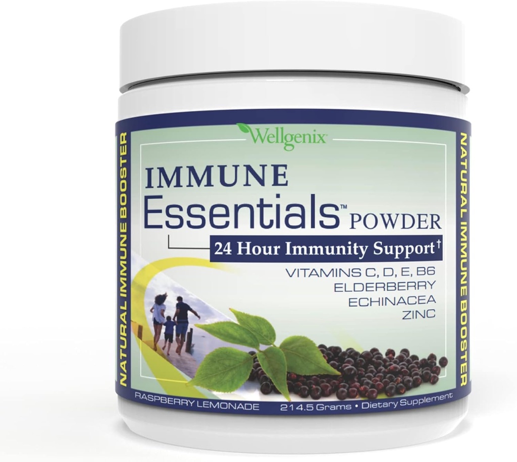 Wellgenix Immune Essentials - Multivitamiini pulber meestele, naistele ja lastele - Veganlisand vitamiinidega C, D Elderberry Tsink, Echinacea väikelapsele, Kid & Adult - 7,57 g (Raspberry Lemonade)