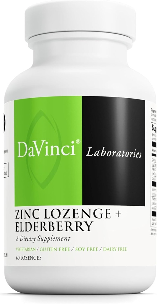 DAVINCI Labs Zinc Lozenge + Elderberry - täiendus immuunsüsteemi, tervislike kopsude ja kurgu kudede toetamiseks * - D3-vitamiiniga, tsink, Elderberry & More - Sidrunimaitse - 60 lozenges