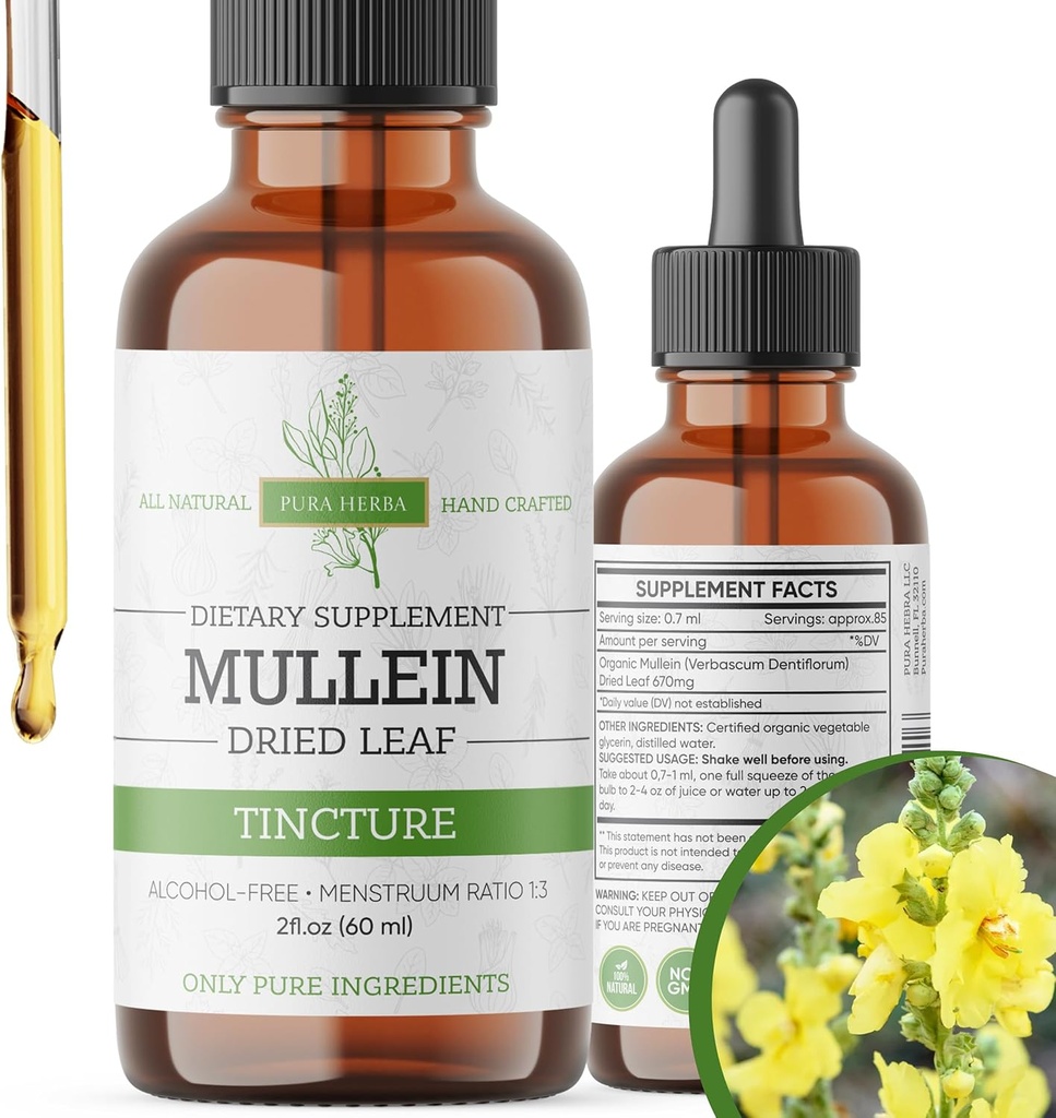 Mulleini tinktuur – orgaanilised Mulleini tilgad kopsude toetamiseks ja hingamisteede heaoluks – valmistatud USAs – 2 Fl Oz