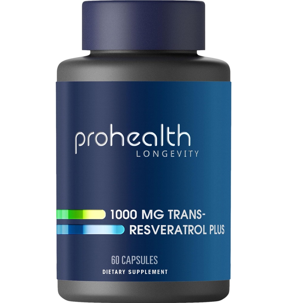 ProHealth Resveratrool 1000mg | Puhas trans-resveratrool | Plus Quercetin, punane vein ja roheline tee ekstrakt | Kliiniliselt õppis toetama rakkude tervist, mälu, tervislikku vananemist | 60 kapslit