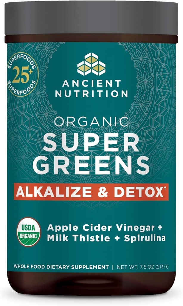 Ancient Nutrition Supergreens Alkalize & Detox Pulber, Orgaaniline Superfood Pulber valmistatud tõelistest puuviljadest, köögiviljadest ja maitsetaimedest, seede- ja energiatoetuseks, 25 Servings, 7,5oz