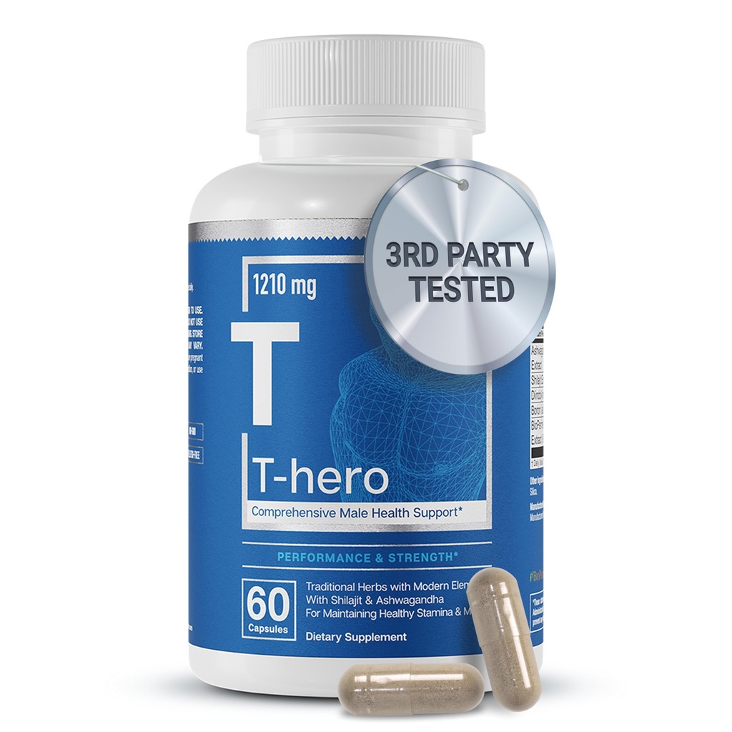 Olulised elemendid T-Hero - igapäevane testosterooni tugi meestele - edendab elujõudu ja sõita - koos Ashwagandha, Shilajit, Boron, DIM - 60 Count - 30 Servings