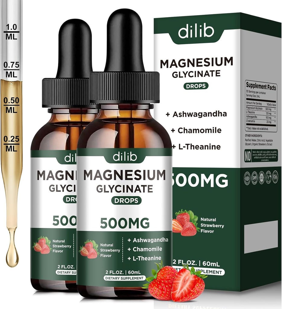 Magneesiumglütsinaat Vedelad tilgad Täiendus koos magneesiumglütsinaat 500mg Ashwagandha, L - Theanine, Kummel - Toetus Stress Relief, Luu, Lihased, Mood Maasika Maitse 2Pack