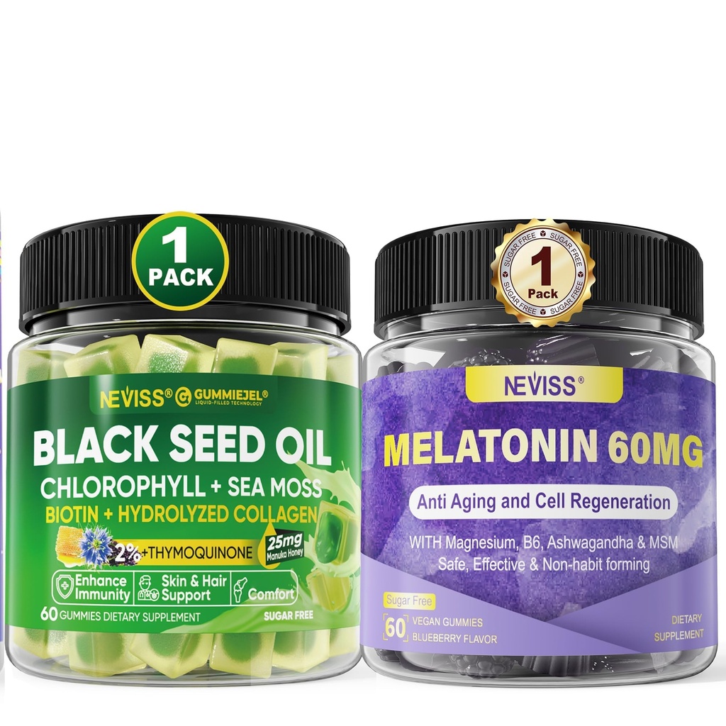 NEVISS Melatoniin 60 mg kummikummid + mustseemneõli kummid