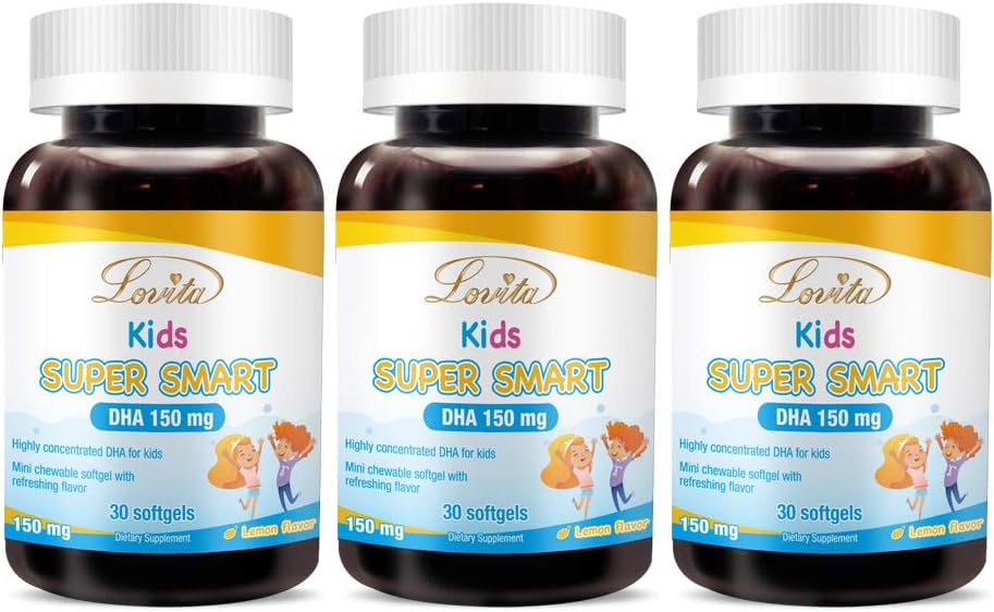 Lovita Kids Super Smart DHA, 150 mg DHA ja 30 mg EPA Omega 3 rasvhappeid, toetab aju tervist, looduslikku sidrunimaitset, 30 närimiskõlblikku softgeeli (pakk 3)