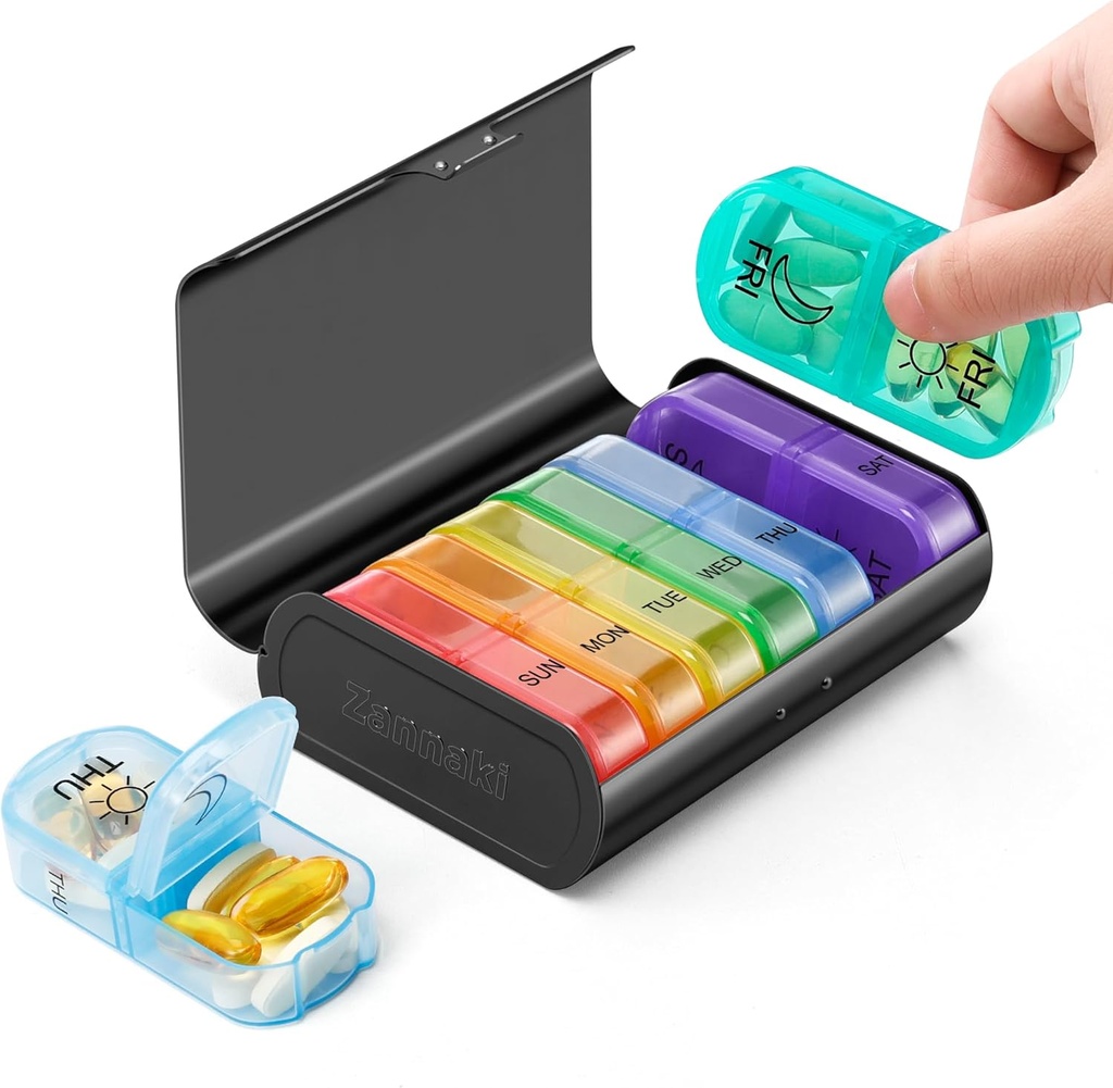 Zannaki Metal XL Weekly Pill Organizer 2 korda päevas, Big Travel Daily Pill Box 7 päeva, Portable Week Twice Pill Holder Container, AM PM Pill Case for Medicine Vitamiin Ravimid Supplement, Black
