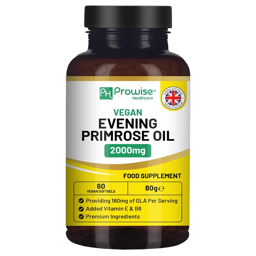 Vegan Õhtune Primrose Oil 2000mg vitamiin E & B6 - 60 Vegan Softgels | Pure Cold Pressed I 180mg GLA ühe kapsli kohta I Naiste tervis I Premium Quality I Prowise Healthcare