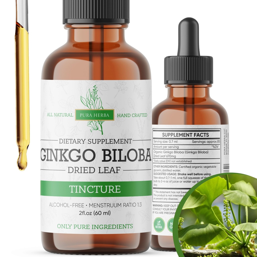 Ginkgo Biloba ekstrakt Vedelik 2 Fl Oz, Aju funktsiooni ja mälu toetamise toidulisandid, alkoholivaba, vegan - 2 Fl Oz