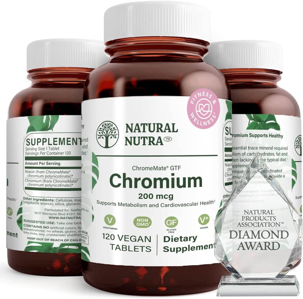 Natural Nutra GTF Chromium Polynicotinate ChromeMate, toetab keha ainevahetust, toetab südame tervist, säilitab keha rasva taset, parandab seedimist, südame-veresoonkonna tervist, 200 mcg, 120 vegan tabletti