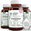 Natural Nutra GTF Chromium Polynicotinate ChromeMate, toetab keha ainevahetust, toetab südame tervist, säilitab keha rasva taset, parandab seedimist, südame-veresoonkonna tervist, 200 mcg, 120 vegan tabletti
