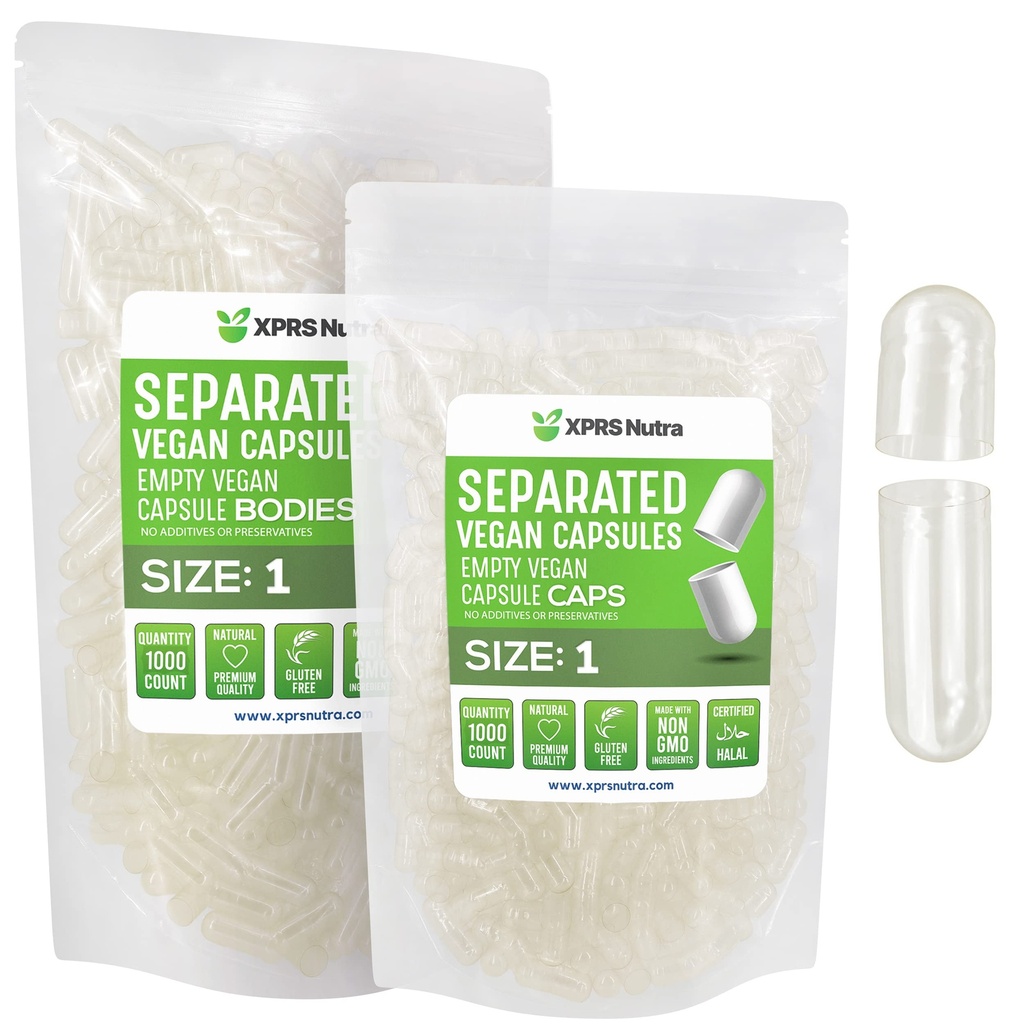 XPRS Nutra Vegan Suurus 1 eraldatud kapslid - 1000 loe selge Premium Tühjad kapslid eraldatud kottides - Pillid 1 DIY täienduse täitmiseks