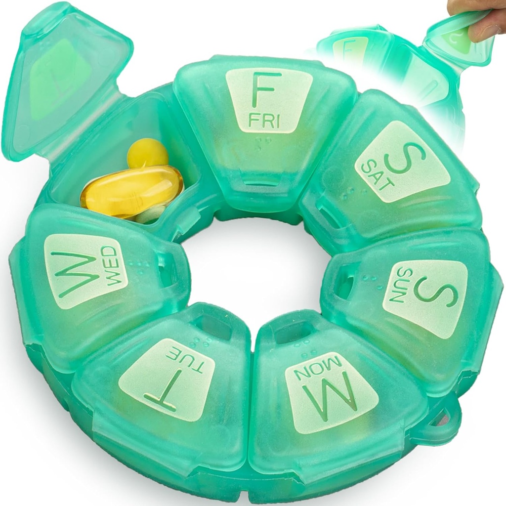 Round Weekly Pill Korraldaja, TPU Kummeeritud, Reisipillide konteiner 7 päeva, 7 suurt komponenti, suurepärane igapäevaste vitamiinide ja toidulisandite, Cute Pill Case suurte kirjade ja Braille (roheline)