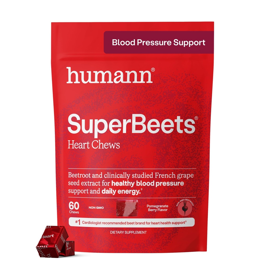 Humann SuperBeets Heart Chews, Beet Root Powder Support Energy Supplement, Lämmastikoksiid ja vererõhu tugi, Viinamarjaseemne ekstrakt & Non-GMO, Südame Tervis, Granaatõuna Marjamaitse, 60 Count
