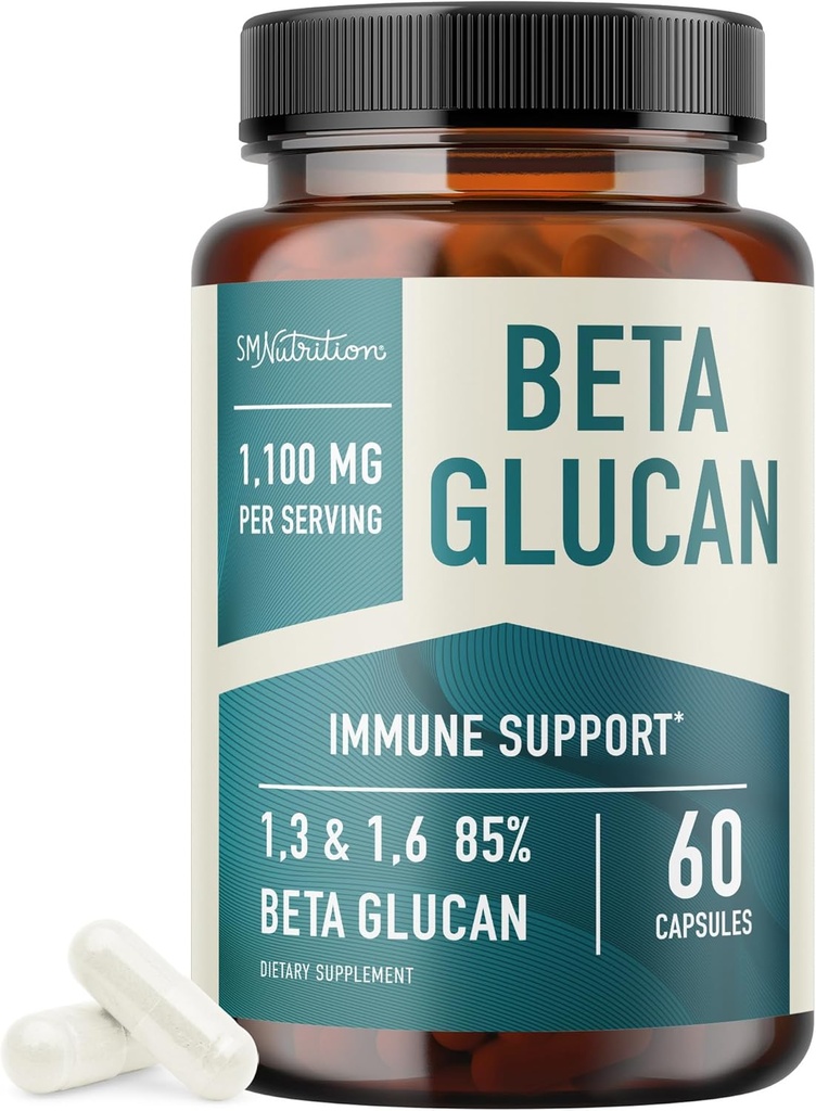 Beeta-glükaani lisand 1100mg immuunsuse, naha ja soolestiku toetamiseks | 1,3D & 1,6 beeta-glükaanid ekstra tugevuse valem | 85% kontsentratsioon & üle 500 mg kapsli kohta | Mitte-GMO, vegan, Gluteenivaba 60ct