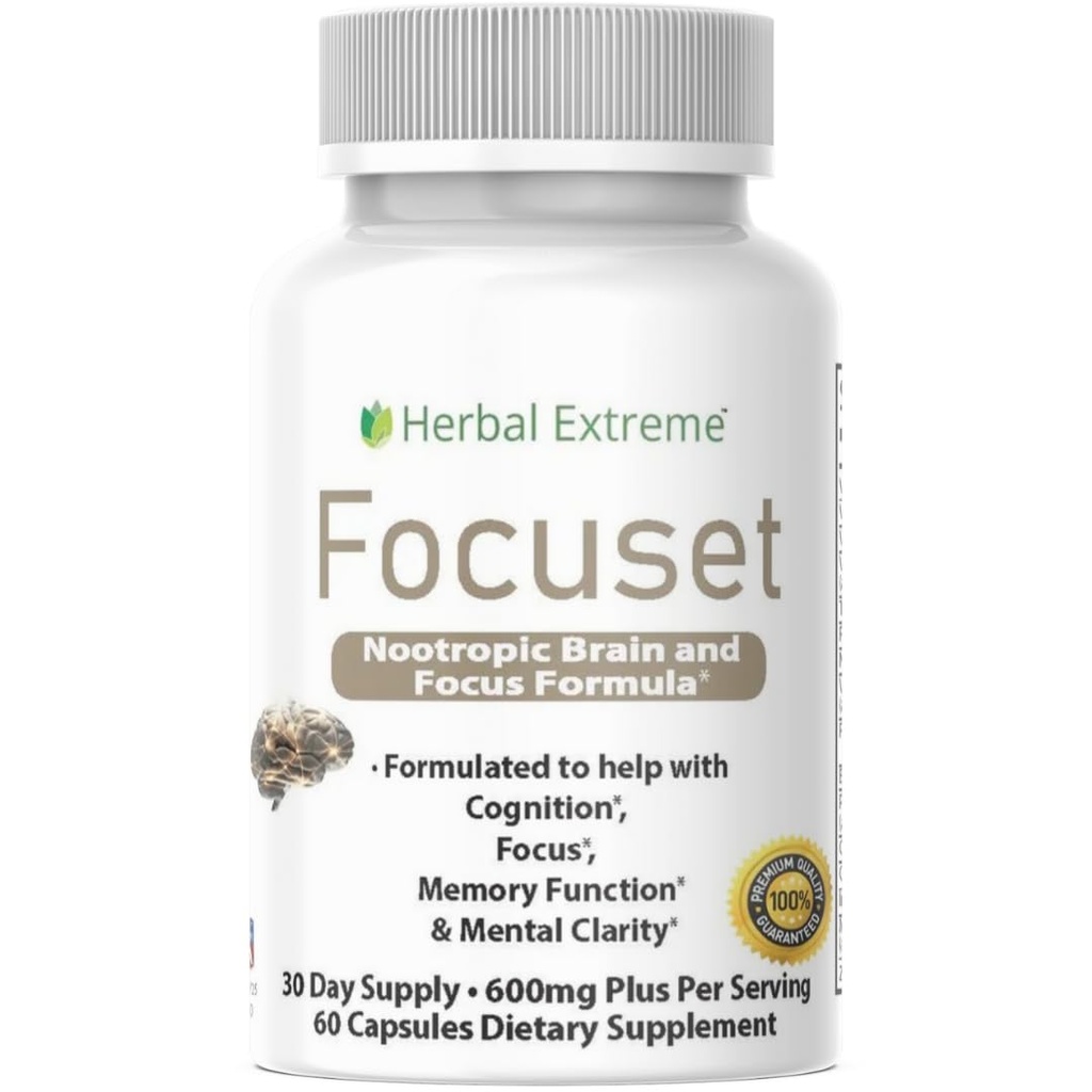Focuset Nootropics Brain and Focus Formula. 90 Kapslid Dimetüülaminoetanool (DMAE Bitartraat), L-glutamiin, L-türosiin, GABA, Bacopa and More, valge