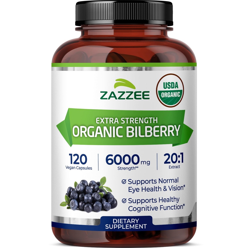 Zazzee USDA orgaaniline mustikas 20: 1 ekstrakt, 6000 mg tugevus, 120 vegankapslit, 4 kuu pakkumine, standardiseeritud ja kontsentreeritud 20X ekstrakt, 100% taimetoitlane, kõik-looduslik, mitte-GMO, valmistatud USA-s