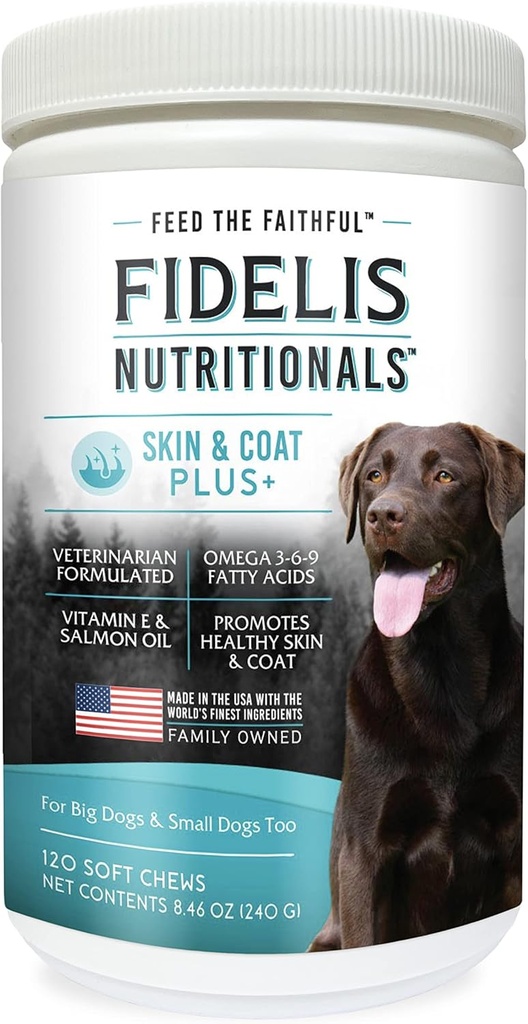 FIDELIS Skin & Coat Plus + koera naha ja naha lisand, Omega 3, E-vitamiin, lõheõli koertele, rasvhapped, terve nahk, läikiv karv, täiskasvanud, suured ja väikesed, valmistatud USA-s, köögiviljamaitse, 120 pehmet närimist