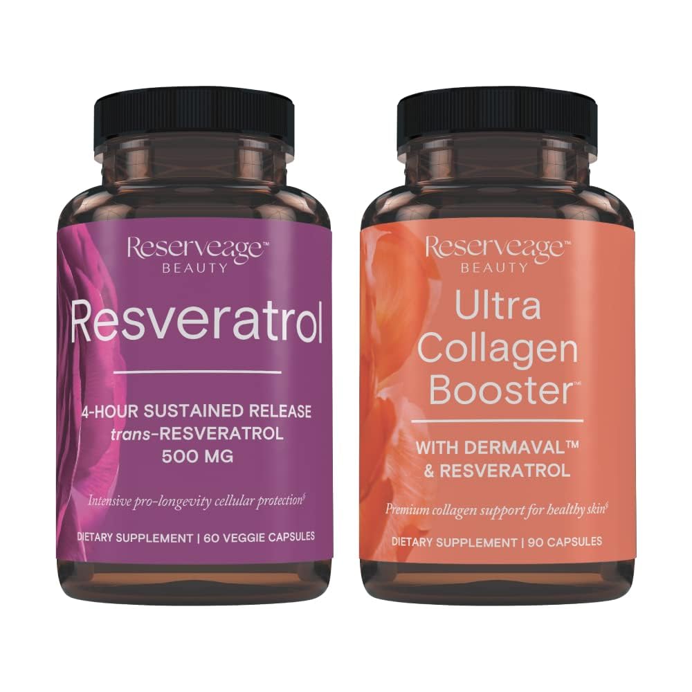 Reserveage Resveratrool & Ultra Kollageeni Booster - Resveratrool & kollageeni kapslid rakkude ja naha toetamiseks - funktsioonid Dermaval - 60 kapslit, 90 Ultra Collagen Booster kapslit