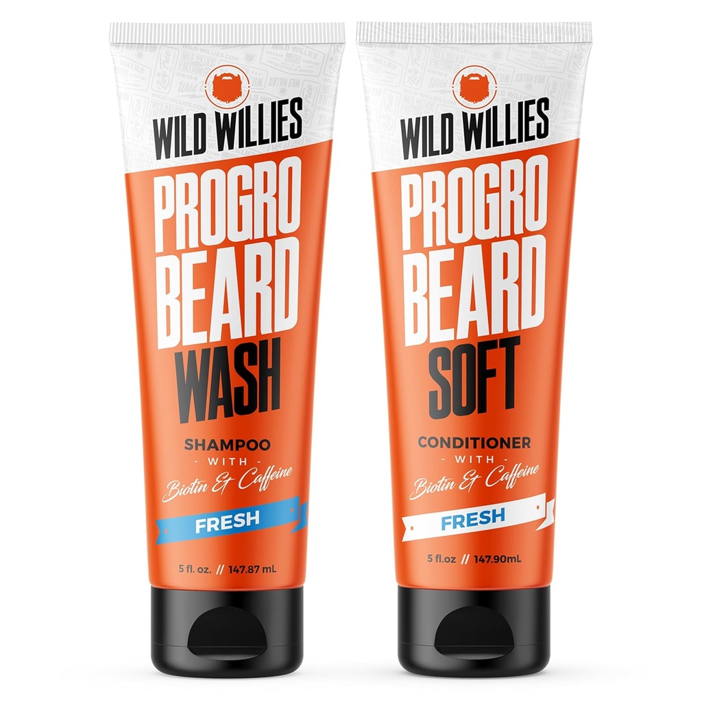 Wild Willies PROGRO Beard Shampoo and Conditioner Kit - Fortified w / Kofeiin & Biotin - Tugevdamine, helbevaba, niisutav habemepesu ja konditsioneer meestele, 2 x 5oz Tubes
