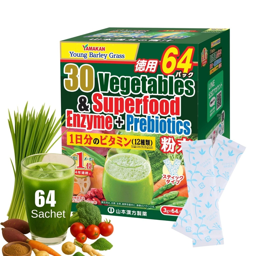 Yamamoto Kanpoh YAMAKAN Greens Superfood Powder koos prebiootilise kiudaine ja ensüümidega seedimiseks, 30 Köögiviljad ja noor odrarohumahl Jaapanist, Gut Health naistele ja meestele, 64 paketti
