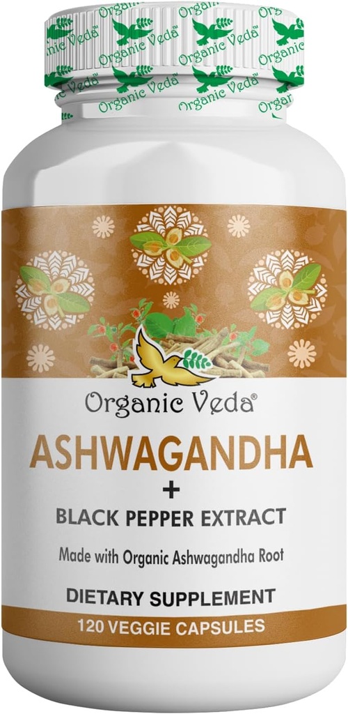 Orgaaniline Veda Ashwagandha toidulisandid, 1500mg - Ashwagandha kapslid musta piparekstraktiga - valmistatud puhtast 100% orgaanilisest Ashwagandha juurest - meeleolu tugilisa & energia, 120 Veggie
