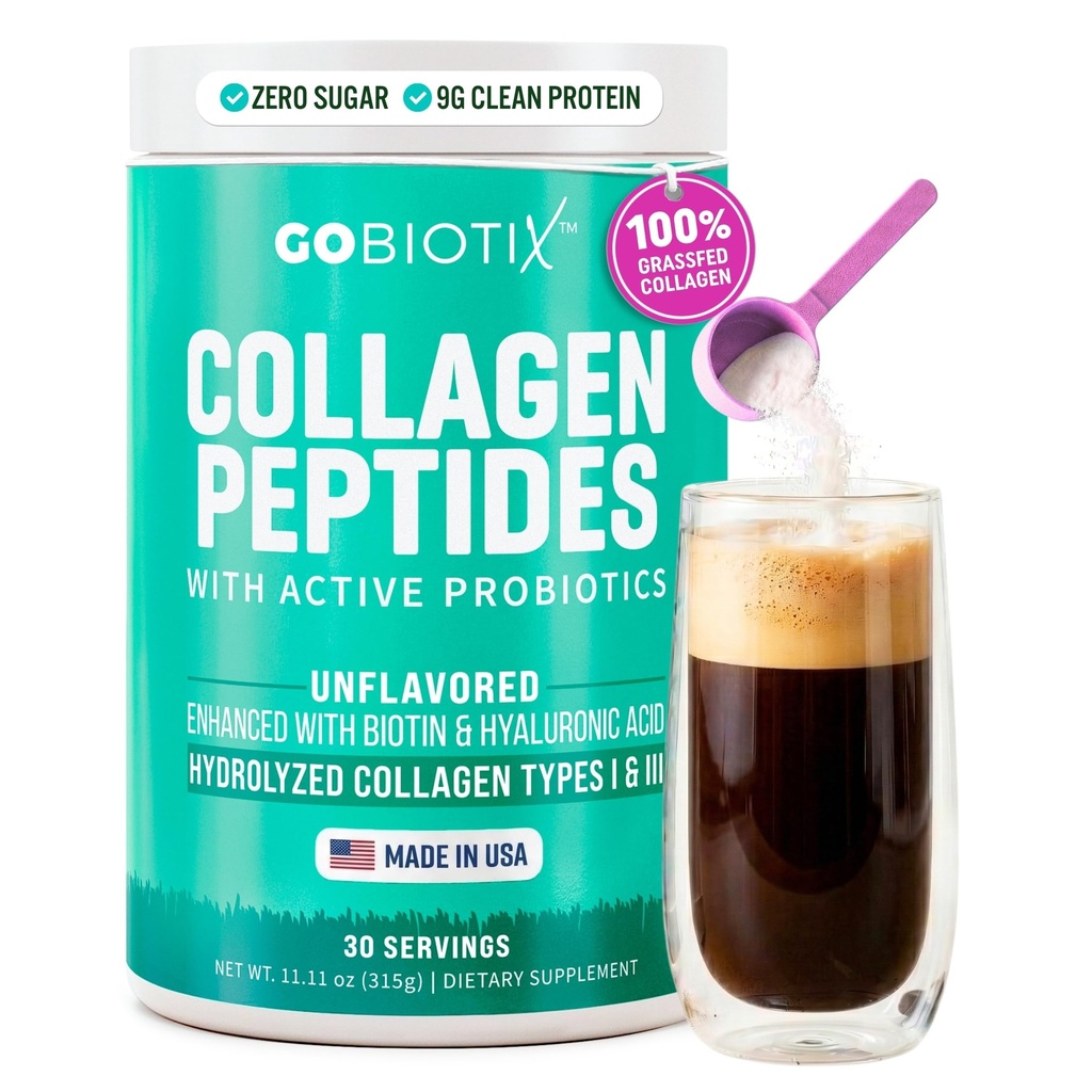 GOBIOTIX kollageeni pulbri lisand probiootikumidega - hüdrolüüsitud valgu kollageeni pulber naistele - juuste nahk ja küüned, liigeste ja seedetrakti tervis - kollageenpeptiidid tüüp I ja III - 30 serveerimist