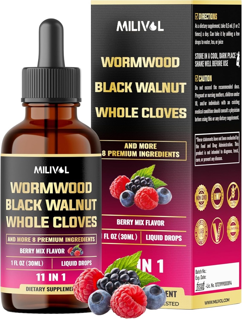 11in1 Black Walnut Wormwood Tinktuur Väljavõte Terved nelgid, Berberine ja 8 Veel - 2 kuud Pakkumine - 1 Fl Oz - Berry Mix Maitse
