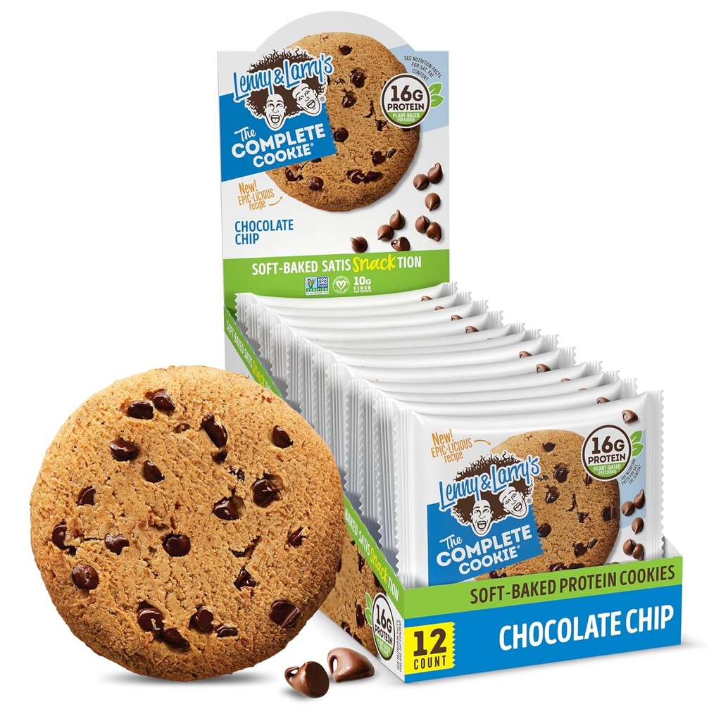 Lenny & Larry’s The Complete Cookie, Chocolate Chip, Soft Baked, 16g Taimeproteiin, Vegan, Non-GMO, 4 Ounce Cookie (Pack of 12)