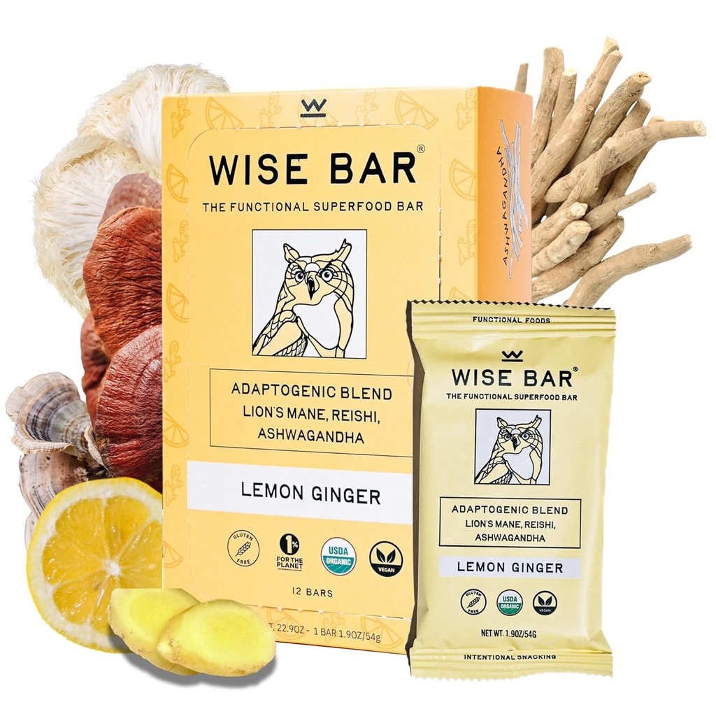 Wise Bar Adaptogen Seene Toitumine Bars Reishi, Lions Mane & Ashwagandha, Organic Vegan & Gluten Free Snacks for Natural Focus, Energy & Immunity Support, Lemon Ginger Flavor, 12 Count
