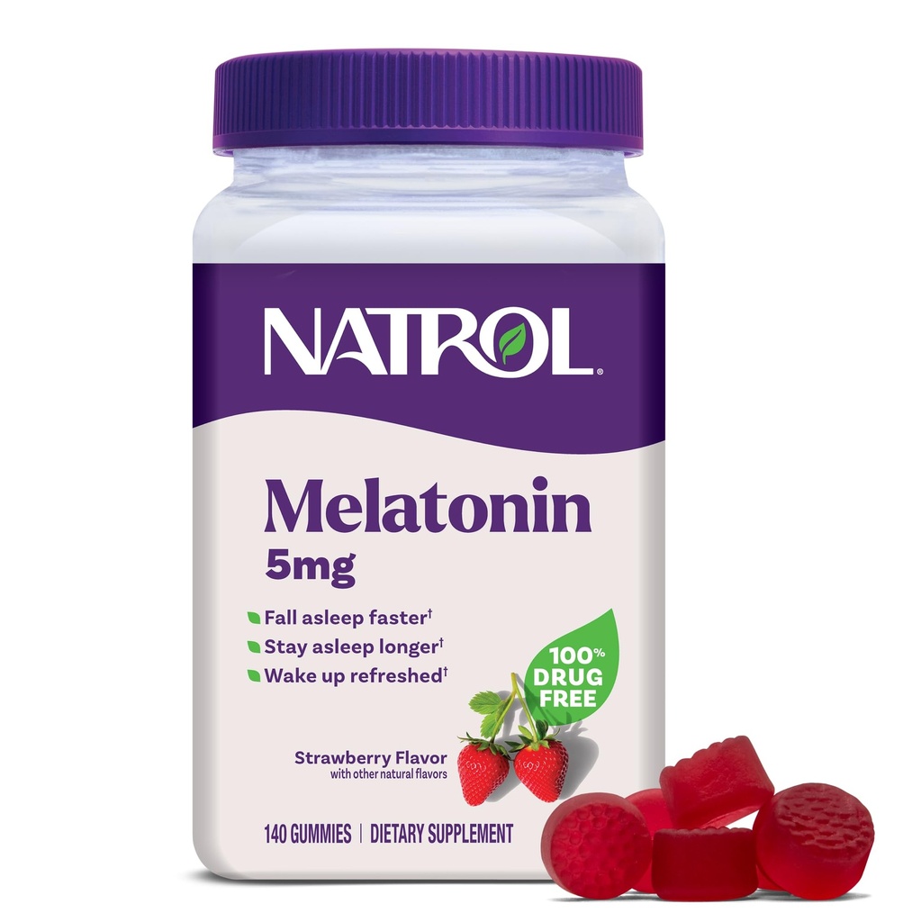 Natrol 5mg melatoniini kummid, täiskasvanute unetoetus, melatoniini lisandid magamiseks, 140 maasikamaitselised kummikud, 70 päeva pakkumine