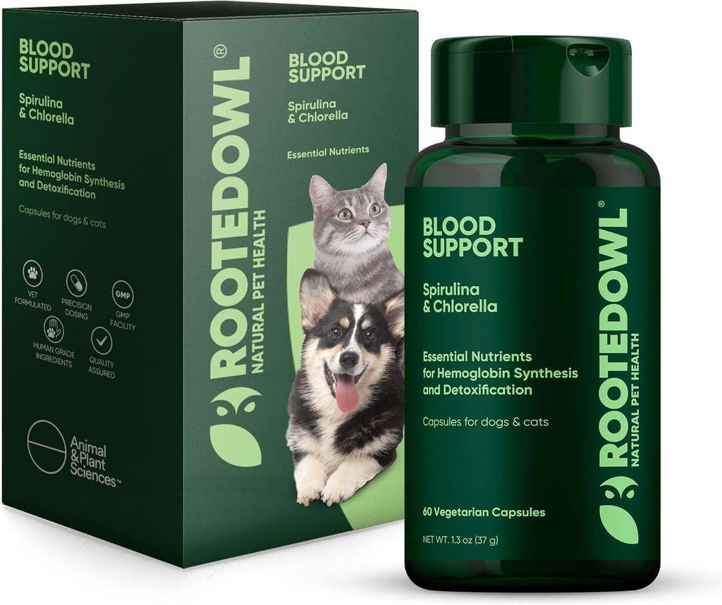 Juurdunud öökullide veretoetus - immuunsus, taastumine ja raualisa koertele ja kassidele - aneemia tugi Spirulina ja Chlorellaga - 60 / ct Vegan kapslid