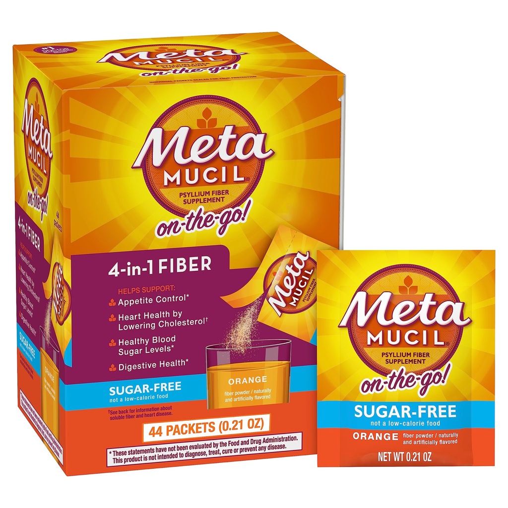 Metamucil On-the-Go Packets, Sugar-Free, 44 Packets, 4-in-1 Psyllium Husk Fiber Supplement, Orange Maitseline, Individuaalne Teenus Suur Reisimiseks, Fiber Supplement Seedetrakti Tervis ja Regulaarsus