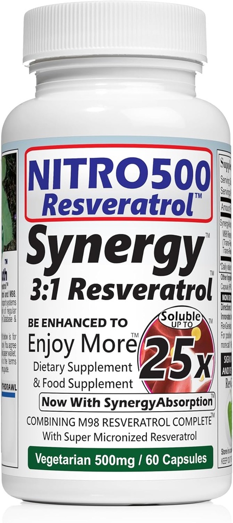 Nitrosünergia resveratrool (Nitro500) kuni 25x lahustuvusega - 60 taimekapslit - 30 serveerimist - 500 mg ühe serveerimise kohta