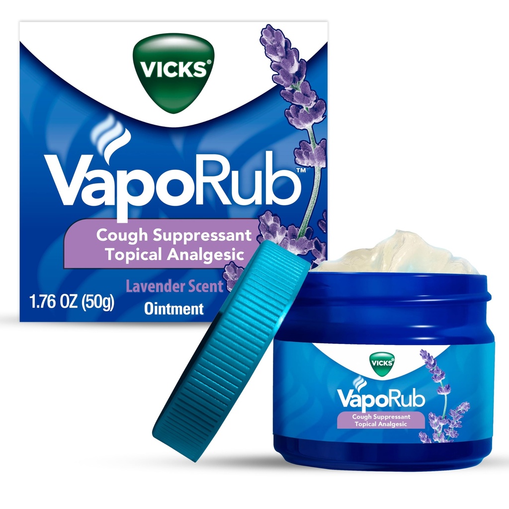 Vicks VapoRub, Lavendel Lõhn, Köha Supressant, Topical Chest Rub & Analgesic salv, Ravitud Vicks Aurud, Külma, Valude tõttu köha leevendamine, 1.76oz