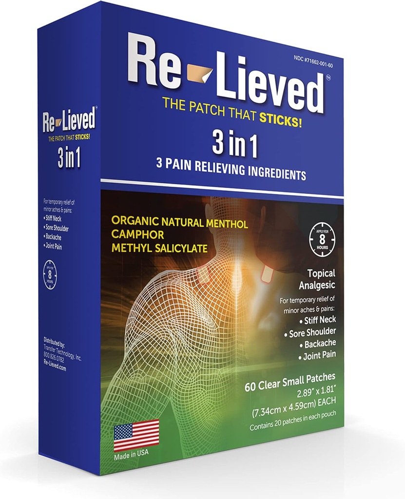 Relieved 3-in-1 Patches – Organic Natural Menthol, Camphor and Methyl Salicylate – Superior Sticking Clear Pain Patch – Alumiiniumivaba, Water Resistant and USA Made – 60 Count