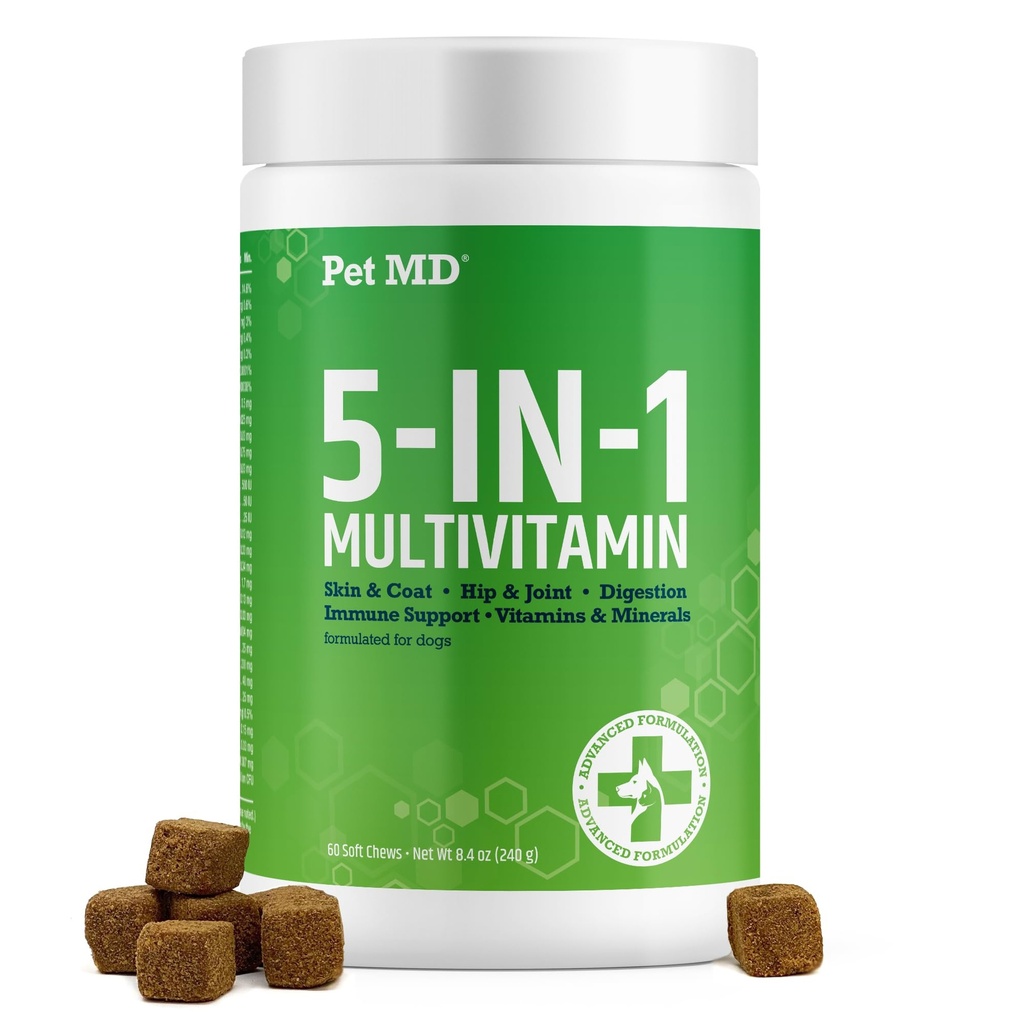 Lemmiklooma MD 5in1 koera multivitamiin - 30 olulist vitamiini, mineraali ja toitaineid nahale ja kate, puusa ja liigese, seedimise, vanemate koerte ja kutsikate vitamiinid - glükoosamiin, oomega 3 6 9 ja probiootikumid - 60 ct