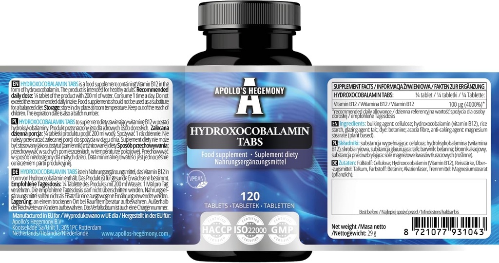 Hüdroksokobalamiin 100 μg serveerimise kohta - Vitamiin B12-120 Vegan tabletid - 480 serveerimist - toetab närvisüsteemi ja vähendab väsimust - toidulisand Apollo hegemoonia
