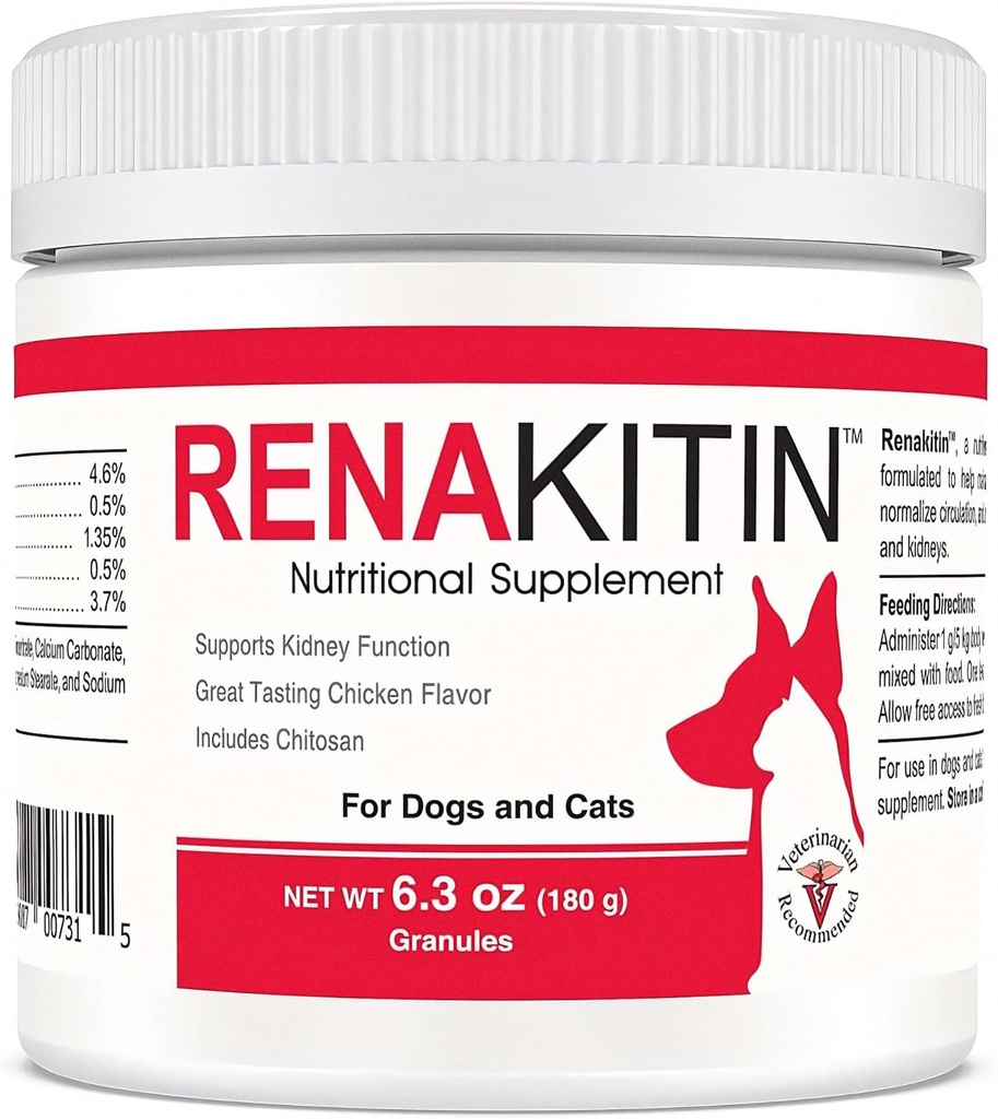 Renakitin Neerulisandid Koertele Kassid - Sisaldab Chitosan & Kaltsiumkarbonaati, Toetab Optimaalset Neerufunktsiooni, Suurepärane Maitse Kana Maitse, 6,3 oz