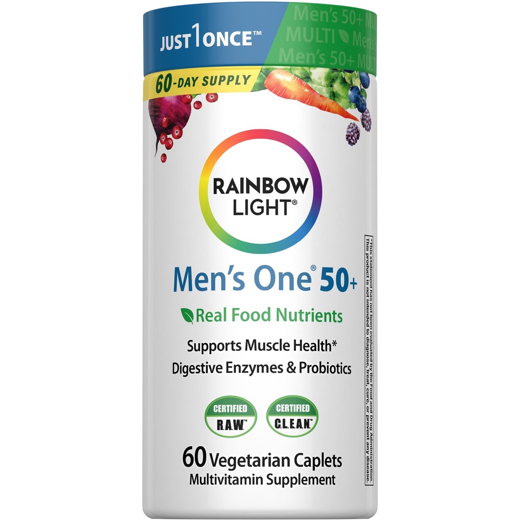 Vikerkaare valguse multivitamiin meestele 50+, C-vitamiin, D & tsink, probiootikumid, meeste üks 50+ multivitamiin pakub kõrge tugevusega immuunsust, mitte-GMO, taimetoitlane, 60 tabletti