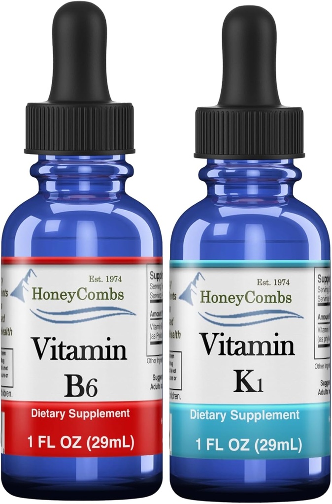 HoneyCombs Vitamiin B6 & K1 tilgad - Vegani püridoksiin ja K-vitamiini ekstraktid Vegani jaoks, toetab üldist tervist, mitte-GMO Vitamiin Vedel ekstrakt, 1 fl oz Iga