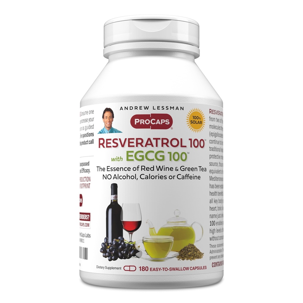 ANDREW LESSMAN Resveratrol-100 EGCG 100mg - 180 kapslit - kaks looduslikult esinevat antioksüdanti, ilma alkoholi või kofeiinita.